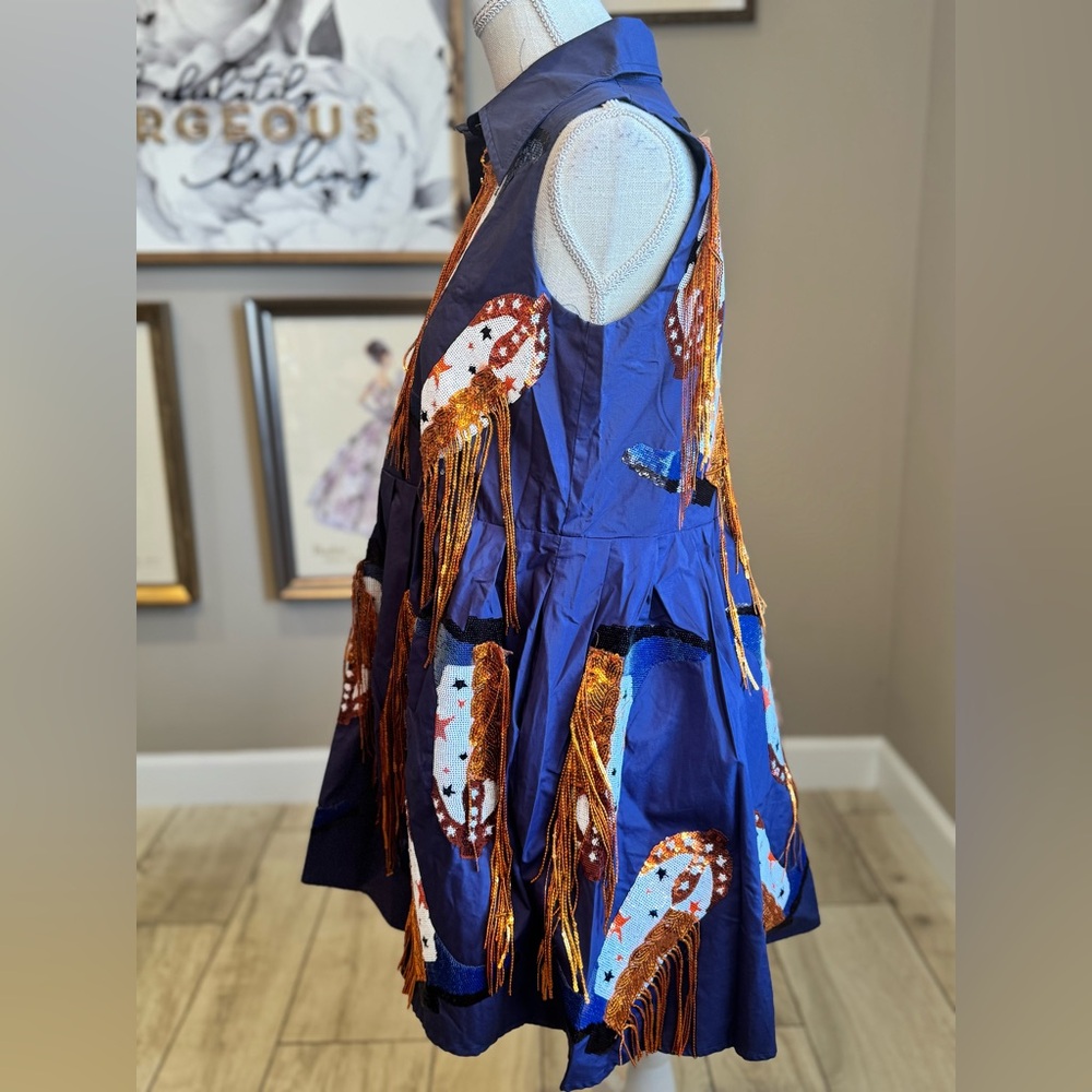 New! QUEEN OF SPARKLES Blue and Orange Boot Fringe Mini Dress - Picture 7 of 10